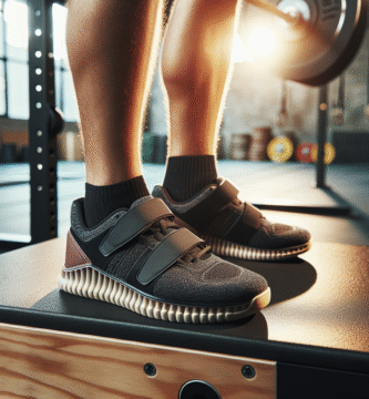 Nærbilde av et par moderne vektløfting sko på løfteplattform i et treningsstudio, fokus på stiv såle, hæl og borrelås, naturlig lys