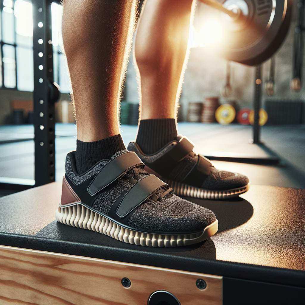 Nærbilde av et par moderne vektløfting sko på løfteplattform i et treningsstudio, fokus på stiv såle, hæl og borrelås, naturlig lys