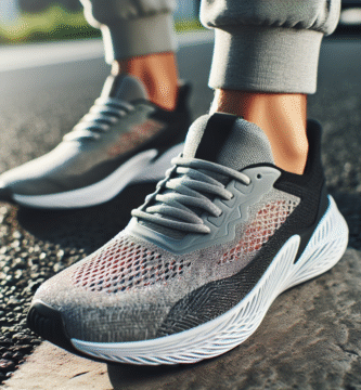 Nærbilde av et par stilige, moderne lettvekt løpesko på asfalt med fokus på stofftekstur og såleteknologi, lyst naturlig lys