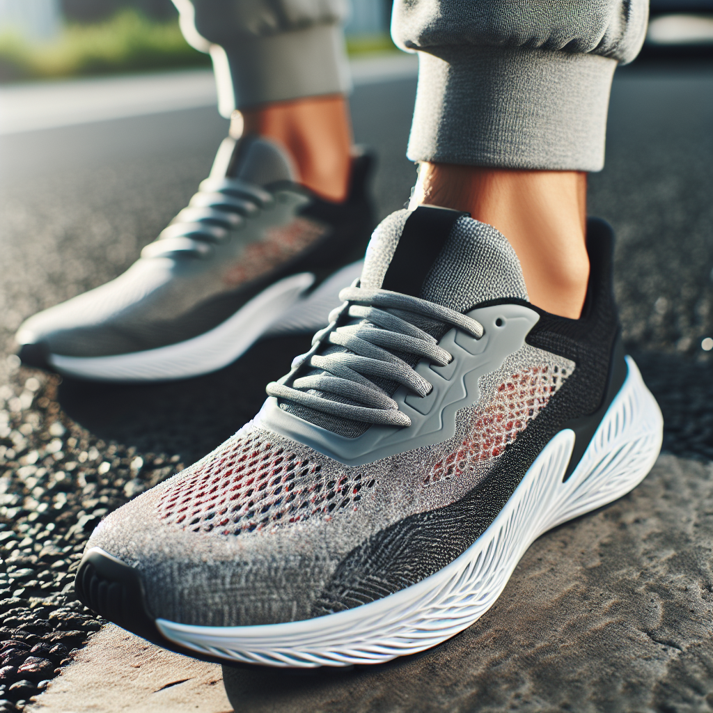 Nærbilde av et par stilige, moderne lettvekt løpesko på asfalt med fokus på stofftekstur og såleteknologi, lyst naturlig lys
