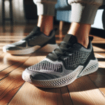 Nærbilde av et par moderne innendørs treningssko på parkettgulv, fokus på mønsteret i yttersålen og komfortdetaljer, naturlig lys, klart og profesjonelt.
