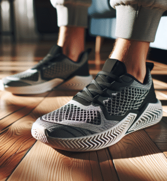 Nærbilde av et par moderne innendørs treningssko på parkettgulv, fokus på mønsteret i yttersålen og komfortdetaljer, naturlig lys, klart og profesjonelt.