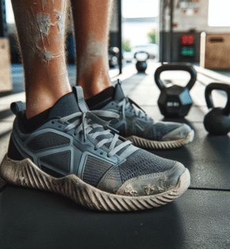 Nærbilde av et par moderne CrossFit-sko på treningsgulv: skadet detaljer, gummisåle, slitasjemønster, hoppbokser og kettlebells i bakgrunnen, naturlig lys