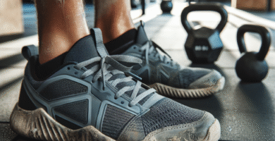 Nærbilde av et par moderne CrossFit-sko på treningsgulv: skadet detaljer, gummisåle, slitasjemønster, hoppbokser og kettlebells i bakgrunnen, naturlig lys