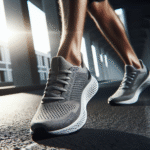 Nærbilde av et par moderne, lette løpesko i bevegelse på asfalt, fokus på detaljer i mellomsåle og mesh-overdel, dynamisk lys, nøytralt bymiljø