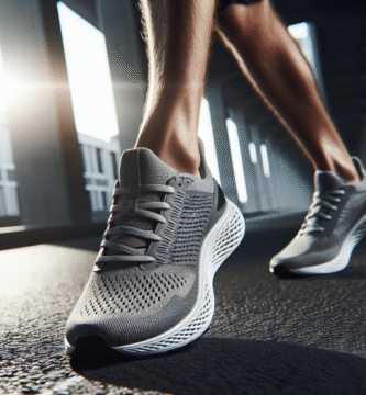 Nærbilde av et par moderne, lette løpesko i bevegelse på asfalt, fokus på detaljer i mellomsåle og mesh-overdel, dynamisk lys, nøytralt bymiljø