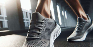 Nærbilde av et par moderne, lette løpesko i bevegelse på asfalt, fokus på detaljer i mellomsåle og mesh-overdel, dynamisk lys, nøytralt bymiljø