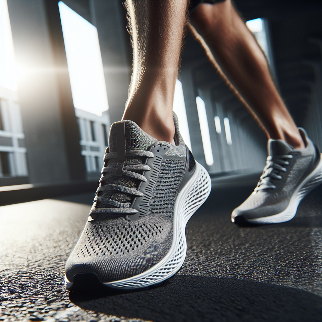 Nærbilde av et par moderne, lette løpesko i bevegelse på asfalt, fokus på detaljer i mellomsåle og mesh-overdel, dynamisk lys, nøytralt bymiljø
