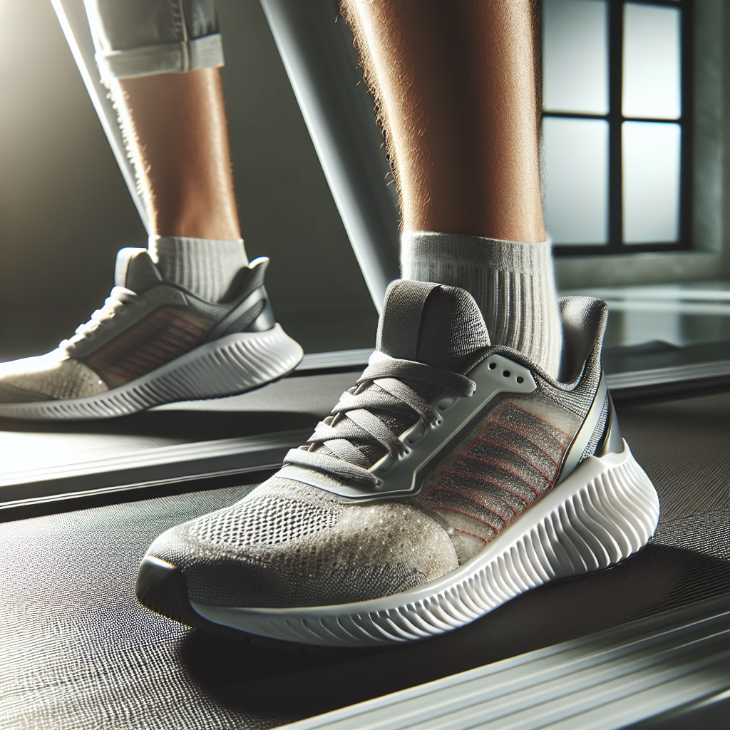 Nærbilde av et par moderne kardio treningssko på en tredemølle, fokus på demping og materiale, ren bakgrunn, dynamisk lys