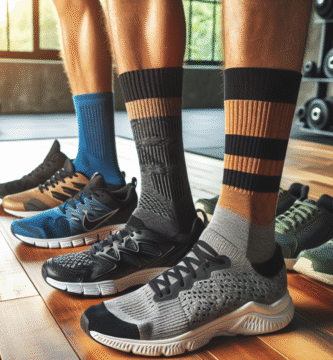 Nærbilde av ulike treningssokker (merino, syntetisk, kompresjon) ved siden av treningssko på gymsalgulv, naturlig lys