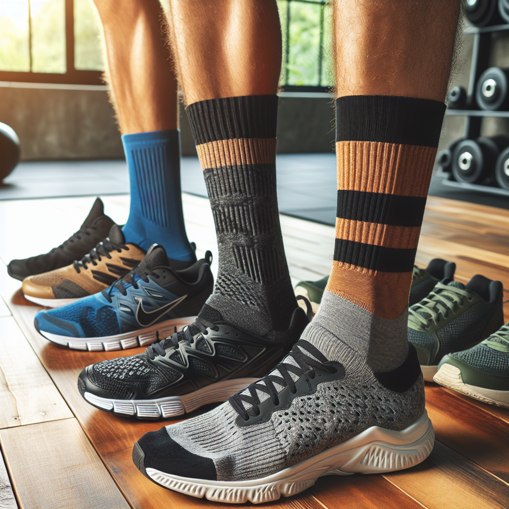 Nærbilde av ulike treningssokker (merino, syntetisk, kompresjon) ved siden av treningssko på gymsalgulv, naturlig lys
