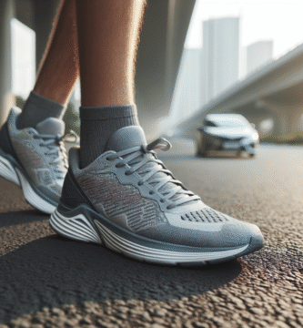 Nærbilde av et par moderne, stabile løpesko på en asfaltert vei, fokus på mellomsåle og hælkappe, naturlig dagslys, minimalistisk bakgrunn