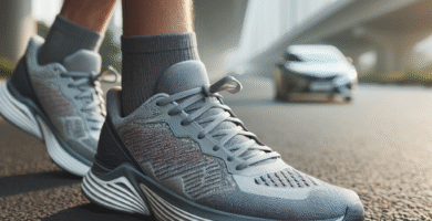 Nærbilde av et par moderne, stabile løpesko på en asfaltert vei, fokus på mellomsåle og hælkappe, naturlig dagslys, minimalistisk bakgrunn