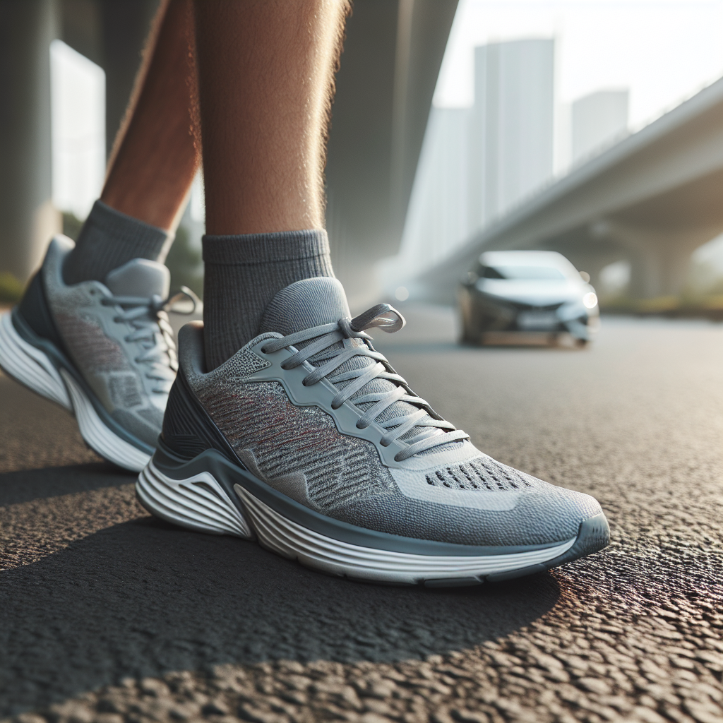 Nærbilde av et par moderne, stabile løpesko på en asfaltert vei, fokus på mellomsåle og hælkappe, naturlig dagslys, minimalistisk bakgrunn