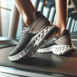 Nærbilde av et par moderne kardio treningssko på et løpebånd i et lyst treningsstudio, fokus på såle og demping, minimalistisk stil