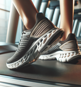 Nærbilde av et par moderne kardio treningssko på et løpebånd i et lyst treningsstudio, fokus på såle og demping, minimalistisk stil