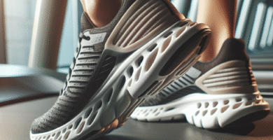 Nærbilde av et par moderne kardio treningssko på et løpebånd i et lyst treningsstudio, fokus på såle og demping, minimalistisk stil