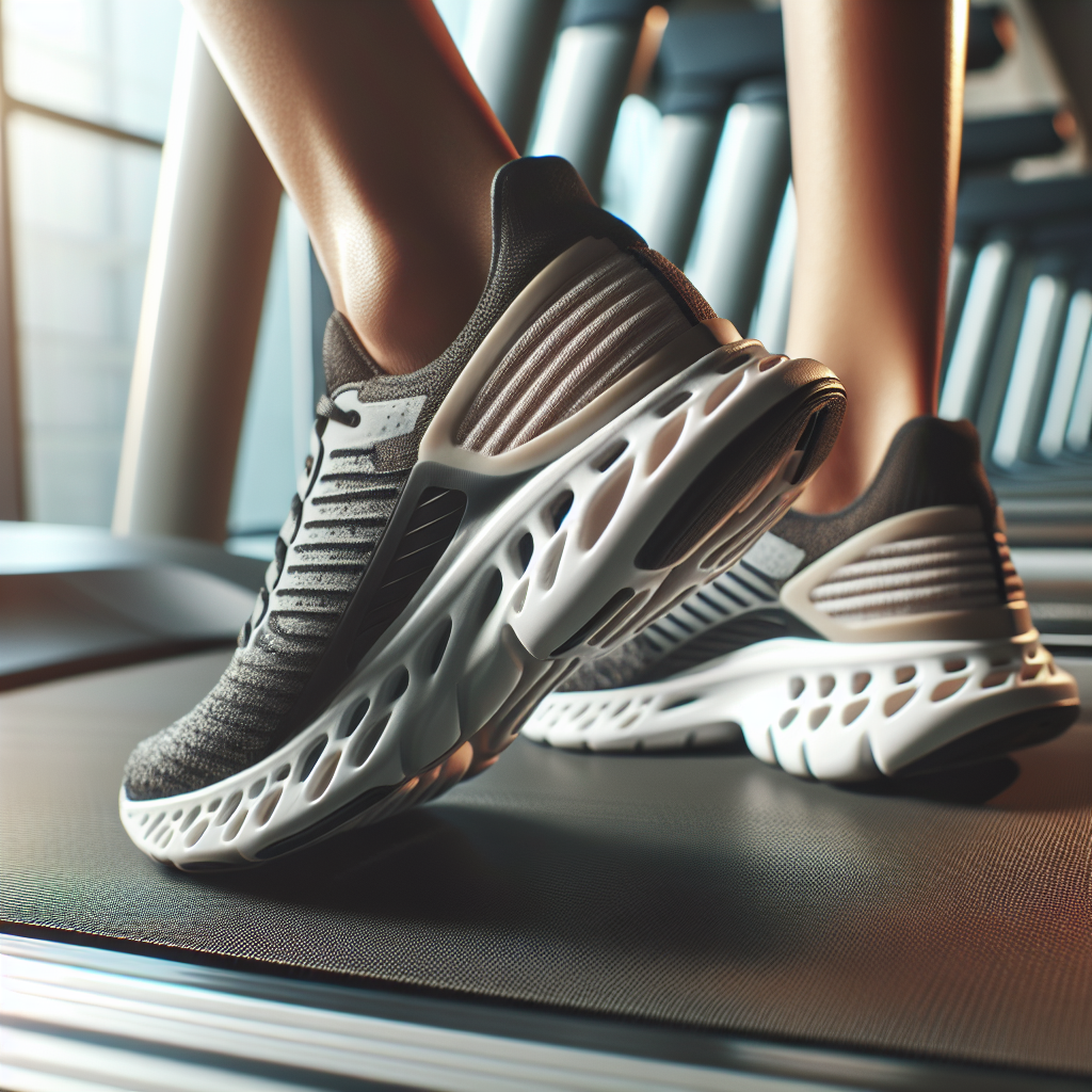 Nærbilde av et par moderne kardio treningssko på et løpebånd i et lyst treningsstudio, fokus på såle og demping, minimalistisk stil