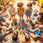 Et fargerikt, vennlig bilde av barn på en sommerdag iført forskjellige sandaler: justerbare stropper, god sålegrep, leker i sandkasse i bakgrunnen, naturlig lys