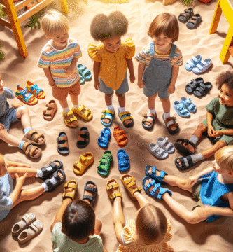 Et fargerikt, vennlig bilde av barn på en sommerdag iført forskjellige sandaler: justerbare stropper, god sålegrep, leker i sandkasse i bakgrunnen, naturlig lys