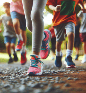 Barn som løper på en grussti i fargerike løpesko, nærbilde av sko og fot, naturlig lys, fokus på passform og bevegelse, livlig og trygg stemning