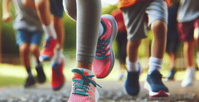 Barn som løper på en grussti i fargerike løpesko, nærbilde av sko og fot, naturlig lys, fokus på passform og bevegelse, livlig og trygg stemning