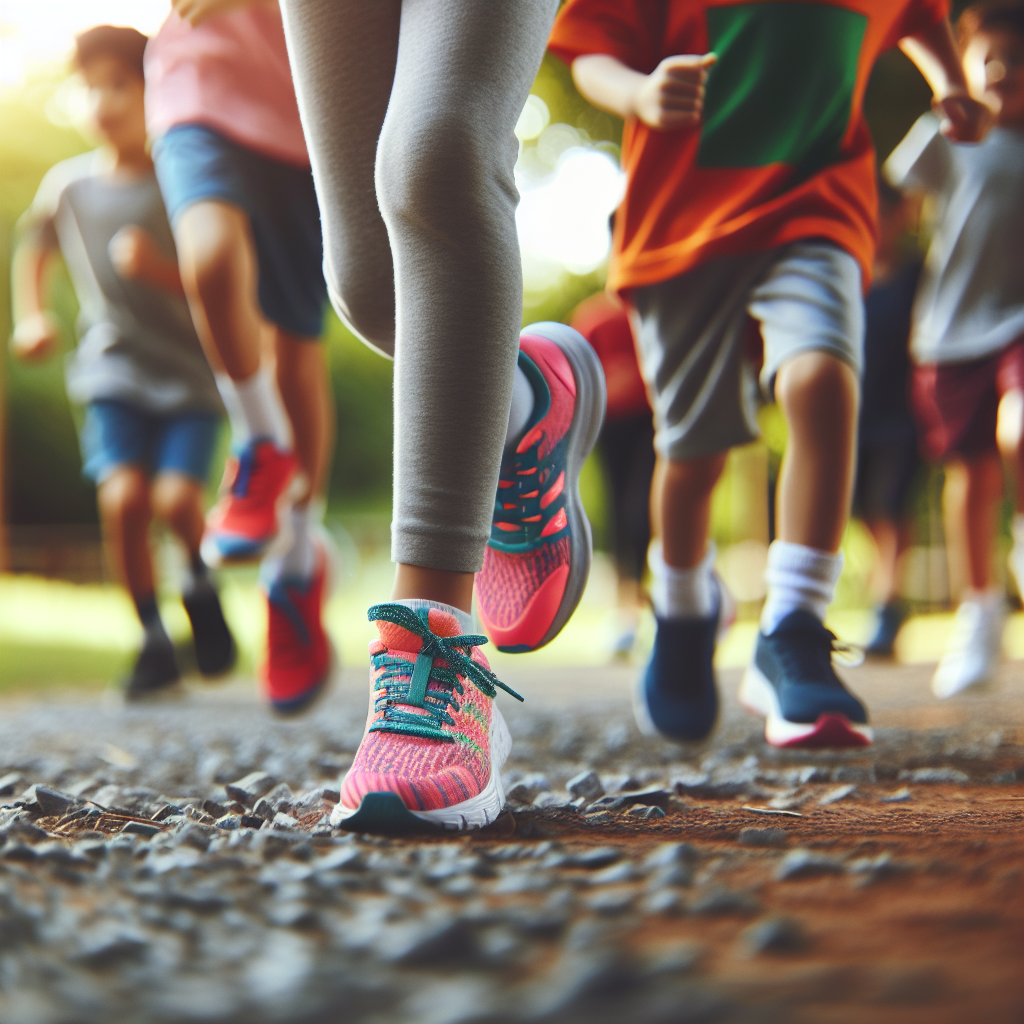 Barn som løper på en grussti i fargerike løpesko, nærbilde av sko og fot, naturlig lys, fokus på passform og bevegelse, livlig og trygg stemning