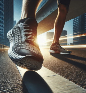 Løper på asfalt i tydelig lys, nærbilde av moderne løpesko i bevegelse med fokus på såle og demping, urban vei og kontrasterende farger