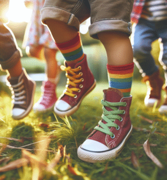 Barn som leker ute i fargerike, robuste barnesko; nærbilde av føtter i bevegelse på gress, naturlig lys, vennlig familieatmosfære