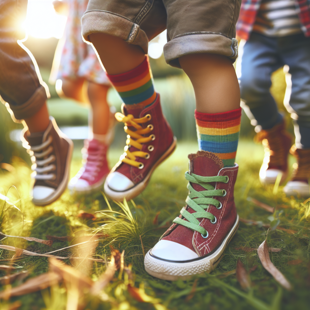 Barn som leker ute i fargerike, robuste barnesko; nærbilde av føtter i bevegelse på gress, naturlig lys, vennlig familieatmosfære